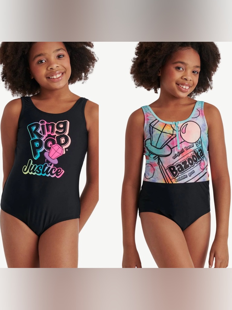 Nwt Bundle Of 2 Justice Girls' Black Multicolor Ring Pop One-Piece Swimsuits